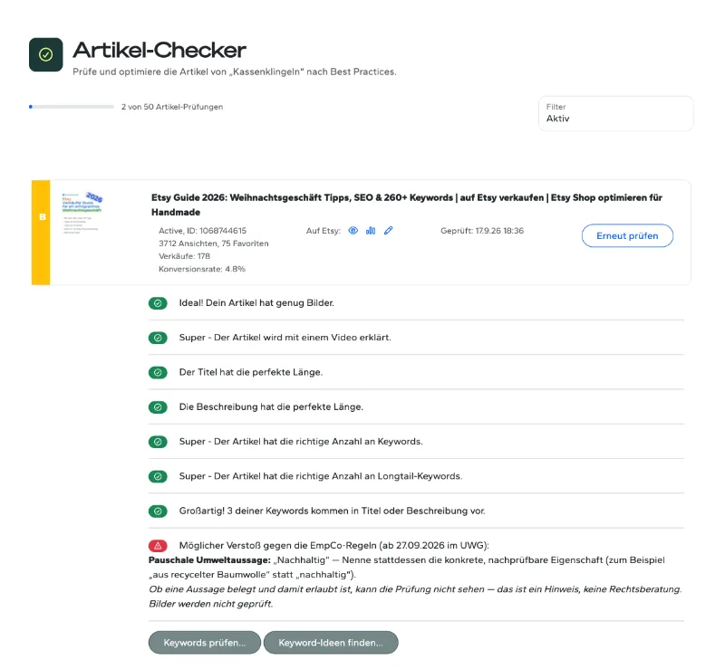 Etsy Artikel-Checker: Listing-Liste mit Ampel-Bewertung, SEO-Score und Optimierungshinweisen je Artikel